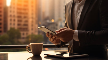 Businessman working with a digital phone or tablet, Social media technology conceptの素材