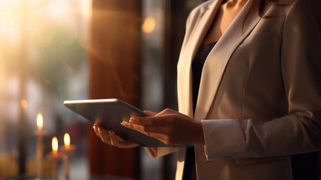 Businessman working with a digital phone or tablet, Social media technology conceptの素材
