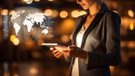 Businessman working with a digital phone or tablet on blurry dark bokeh background, Social media technology conceptの素材