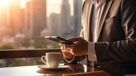 Businessman working with a digital phone or tablet, Social media technology conceptの素材