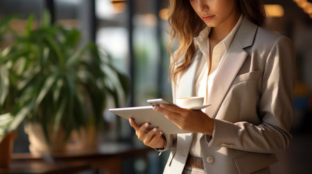 Businessman working with a digital phone or tablet, Social media technology conceptの素材