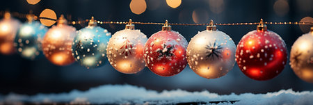 Christmas background with red and golden baubles, lights and snowの素材