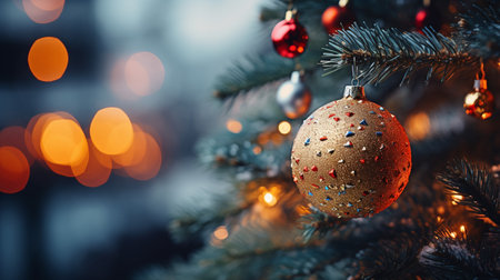 Christmas tree decorated with baubles and garlands on bokeh backgroundの素材
