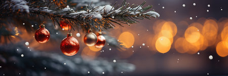 Christmas background with fir branches, red balls and bokeh.の素材