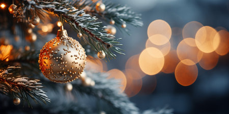 Christmas tree branch with golden bauble on bokeh background.の素材