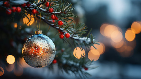 Christmas tree decorated with glass ball on bokeh background, closeupの素材