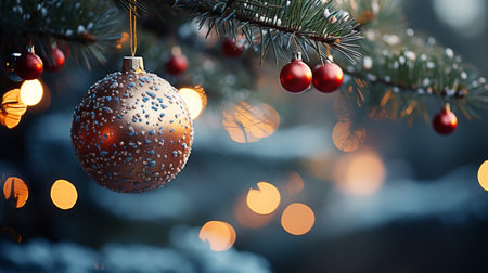 Christmas and New Year holidays background. Christmas tree decoration on bokeh backgroundの素材