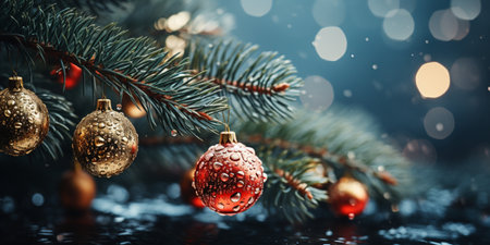 Christmas tree branch with christmas baubles on bokeh backgroundの素材