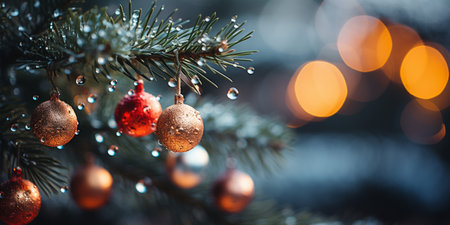 Christmas tree branch with red and golden balls on bokeh backgroundの素材