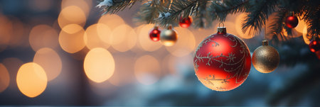Christmas and New Year holidays background. Christmas tree with decorations on bokeh background.の素材
