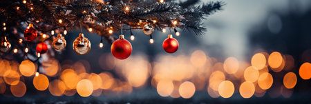 Christmas tree with red and golden baubles on bokeh backgroundの素材