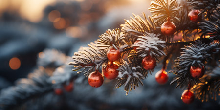 Fir tree branch with red berries in winter. Christmas background.の素材