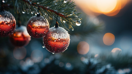 Fir tree branch with christmas balls on bokeh backgroundの素材