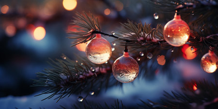 Christmas tree branch with glass balls and bokeh lights background.の素材