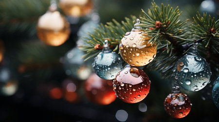 Christmas tree with colorful baubles on blurred background, closeupの素材