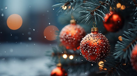 Christmas tree with red balls and bokeh lights on blurred backgroundの素材