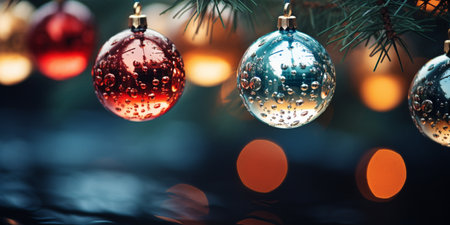 Colorful Christmas baubles hanging on a Christmas tree with bokeh backgroundの素材
