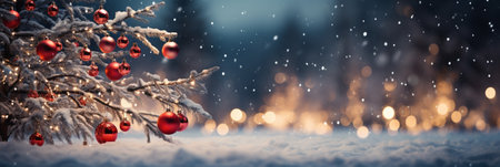 Christmas tree with red baubles and snowfall on background.の素材