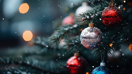 Christmas tree branches with colorful baubles on bokeh backgroundの素材