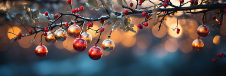 Christmas and New Year background with red baubles on tree branchesの素材