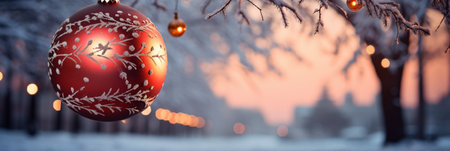 Christmas and New Year background. Red Christmas ball on a tree in a snowy parkの素材