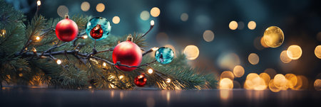Christmas and New Year background with fir branches, Christmas balls and bokehの素材