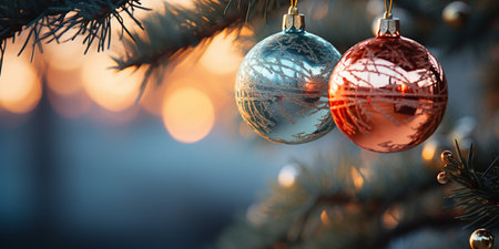 Christmas ornaments on christmas tree with bokeh backgroundの素材