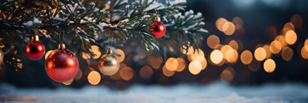 Christmas and New Year holidays background with bokeh lights and Christmas tree.の素材