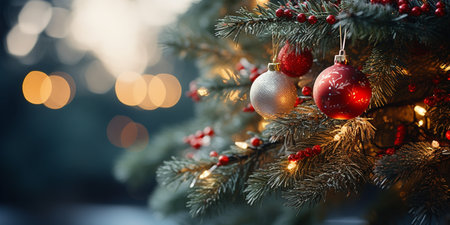 Christmas tree with red and white baubles on bokeh backgroundの素材