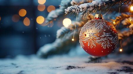 Christmas and New Year holidays background. Festive decoration on a Christmas tree.の素材