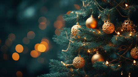 Christmas tree with golden ornaments on blurred lights background, bokeh effectの素材