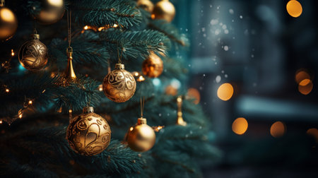 Christmas and New Year holidays background. Christmas tree decorated with golden baubles.の素材
