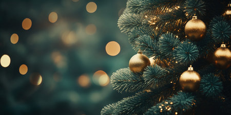 Christmas tree with golden baubles on bokeh background.の素材