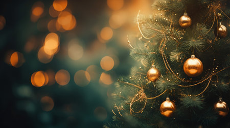 Christmas tree with golden baubles on bokeh background.の素材