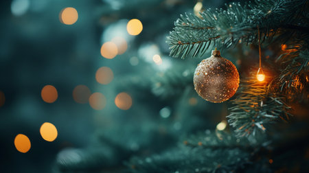 Christmas tree decoration with golden bauble on bokeh background.の素材