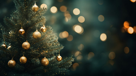 Christmas tree with gold ornaments on bokeh background.の素材
