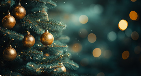 Christmas tree with golden baubles on bokeh background.の素材