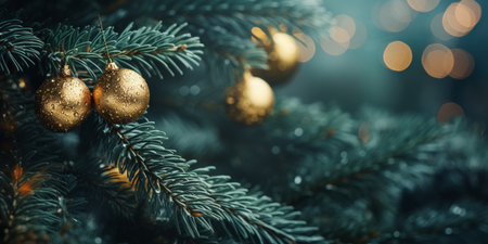 Christmas background with fir branches and golden balls on bokeh backgroundの素材
