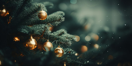 Christmas tree with golden baubles and snowflakes on blurred backgroundの素材