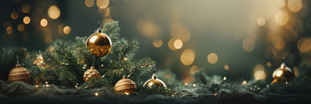 Christmas and New Year holidays background with bokeh lights and Christmas tree decorations.の素材