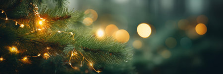 Christmas background with fir tree branches and garland lights. Bokehの素材