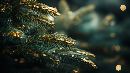 Christmas tree branches with golden lights and bokeh effect. Christmas backgroundの素材