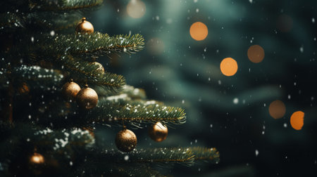 Christmas tree with golden baubles and snowflakes on blurred backgroundの素材
