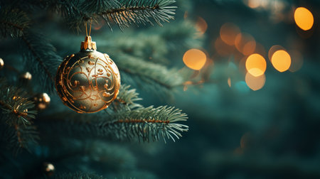 Christmas or New Year background with Christmas tree decorations and bokeh lightsの素材