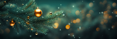 Christmas and New Year background with fir branches, golden balls and bokeh effect.の素材