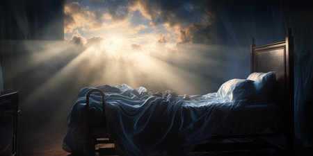 Composite image of bed in dark room with lights and cloudsの素材