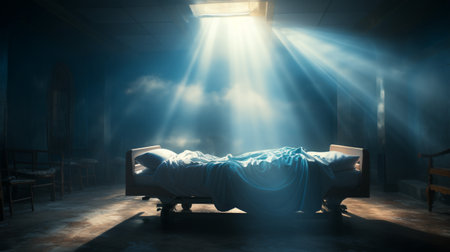 Hospital bed in a dark room with rays of light coming through the windowの素材