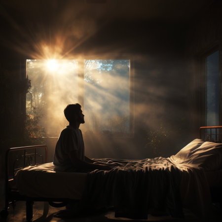 Silhouette of a man sitting in bed and looking out the windowの素材