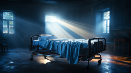 Empty hospital bed in dark room with fog and light.の素材