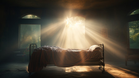 Bed in a dark room with light rays coming out of the windowの素材